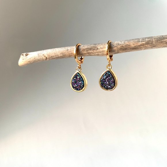 Purple Druzy Droplet Gold Huggie Earrings - Picture 4 of 6